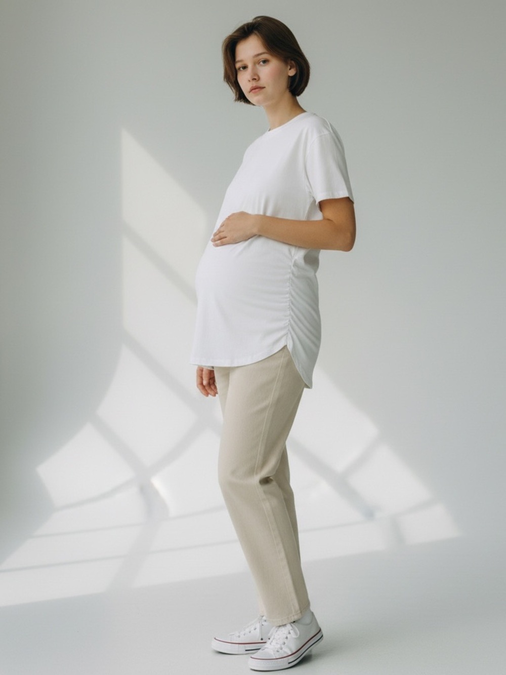 Maternity M 100% Cotton White Crew Neck Short-Sleeve Side Rush Tee